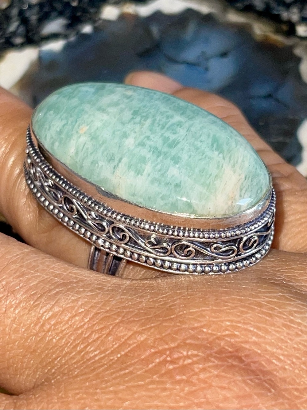Soft Milky Green Amazonite Crystal Ring Size 7 1/2